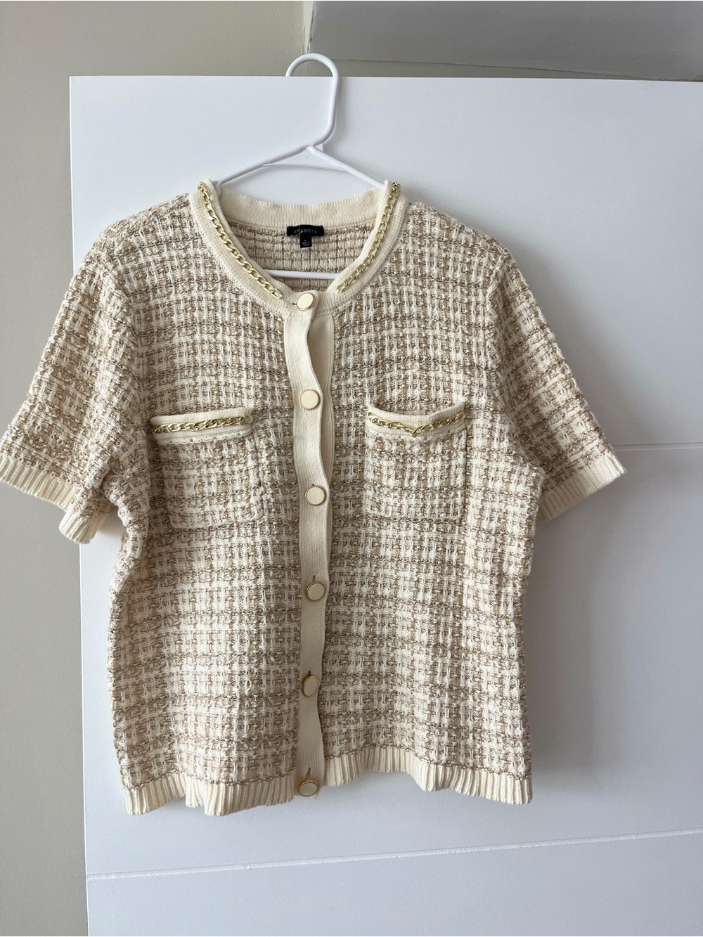Talbots Ivory Gold Metallic Jacquard Chain Trim Knit Cardigan size L